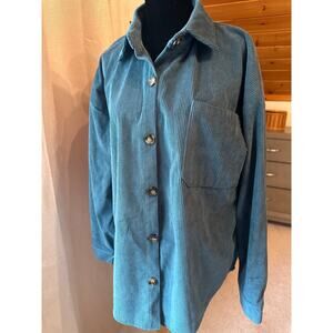 Soft Ribbed Teal Blue Corduroy Shirt – Relaxed Oversized Fit with Front Pocket